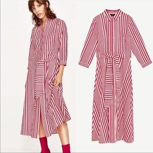 Zara Red Stripe Tie-Waist Midi Dress, Size M